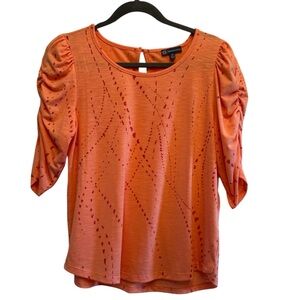DEMOCRACY Abstract Design Puff & Ruched Sleeve Top Orange Medium